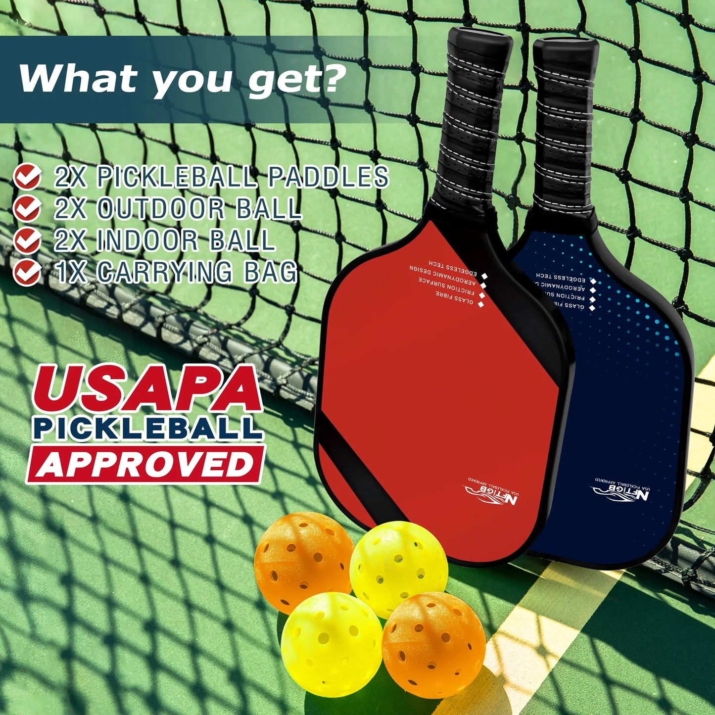 USAPA Approved Pickleball Paddles, Graphite Fiber Polypropylene Honeycomb Core , Pickle Ball Set with 2 Pickle Ball Rackets, 4 Balls and Backpack