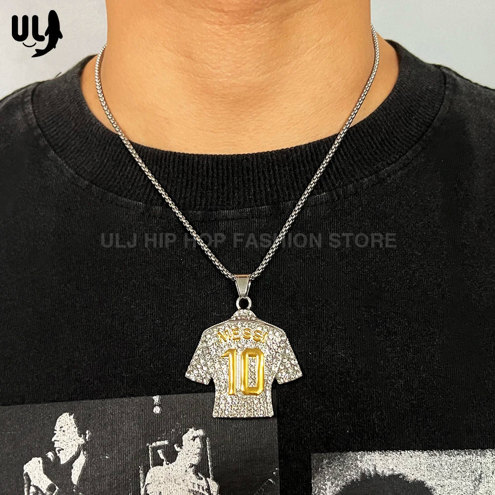 Hip Hop Cool Messi 10 Super Soccer Star Stainless Steel Pendant Clavicle Charming Iced Out Jewelry Men Necklace