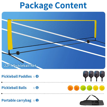 22FT Portable Pickleball Net Set 4 Wood Pickleball Paddles and 6 Outdoor Pickleball Balls for Outdoor Indoor Driveway Backyard for Adults Beginners