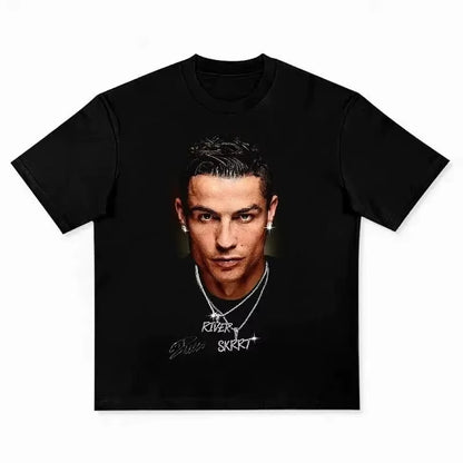 Cristiano Ronaldo Pure Cotton American-Style Streets Both Sexes Fashionable Vintage Print Short-Sleeved T-Shirt