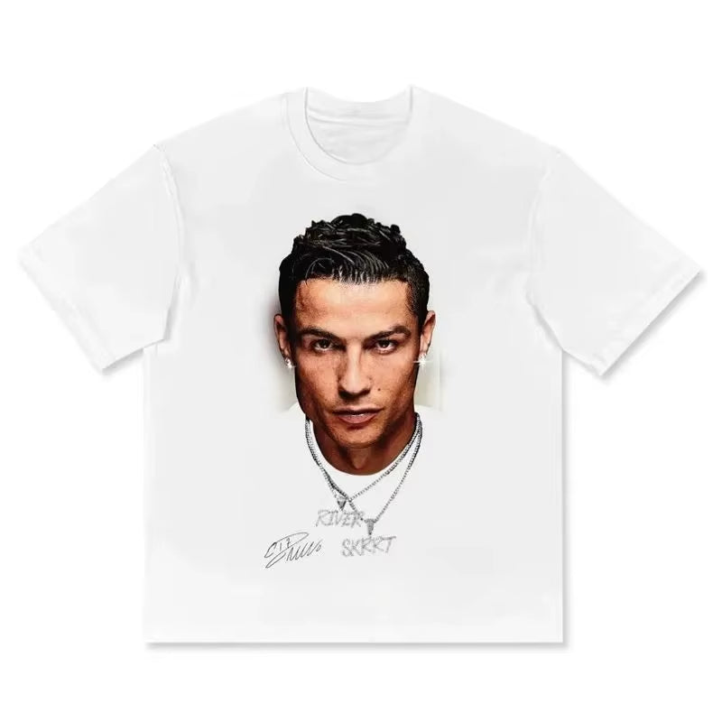 Cristiano Ronaldo Pure Cotton American-Style Streets Both Sexes Fashionable Vintage Print Short-Sleeved T-Shirt
