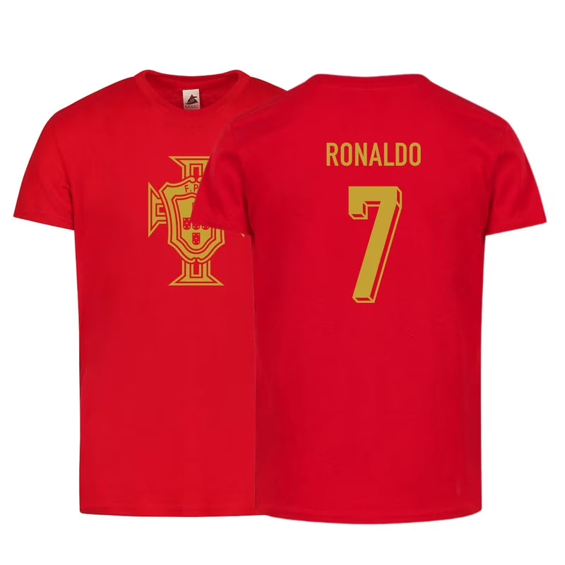 Kids Portugal Soccer T-Shirt – Ronaldo #7 | Front & Back Design | Youth Fan Tee | Sizes 4–12 - Red/Gold - Youth Medium