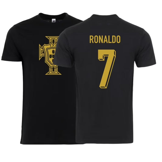 Adult Unisex Portugal Soccer T-Shirt – Ronaldo #7 | Front & Back Design | Fan Apparel | Sizes S–3XL - Black/Gold - Small